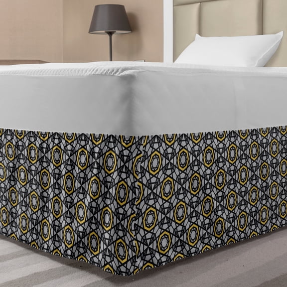 Abstract Bed Skirt, Eastern Inspired Octagons and Bold Streaks, Elastic Bedskirt Dust Ruffle Wrap Around for Bedding Decor, 4 Sizes, Yellow Grey, by Ambesonne