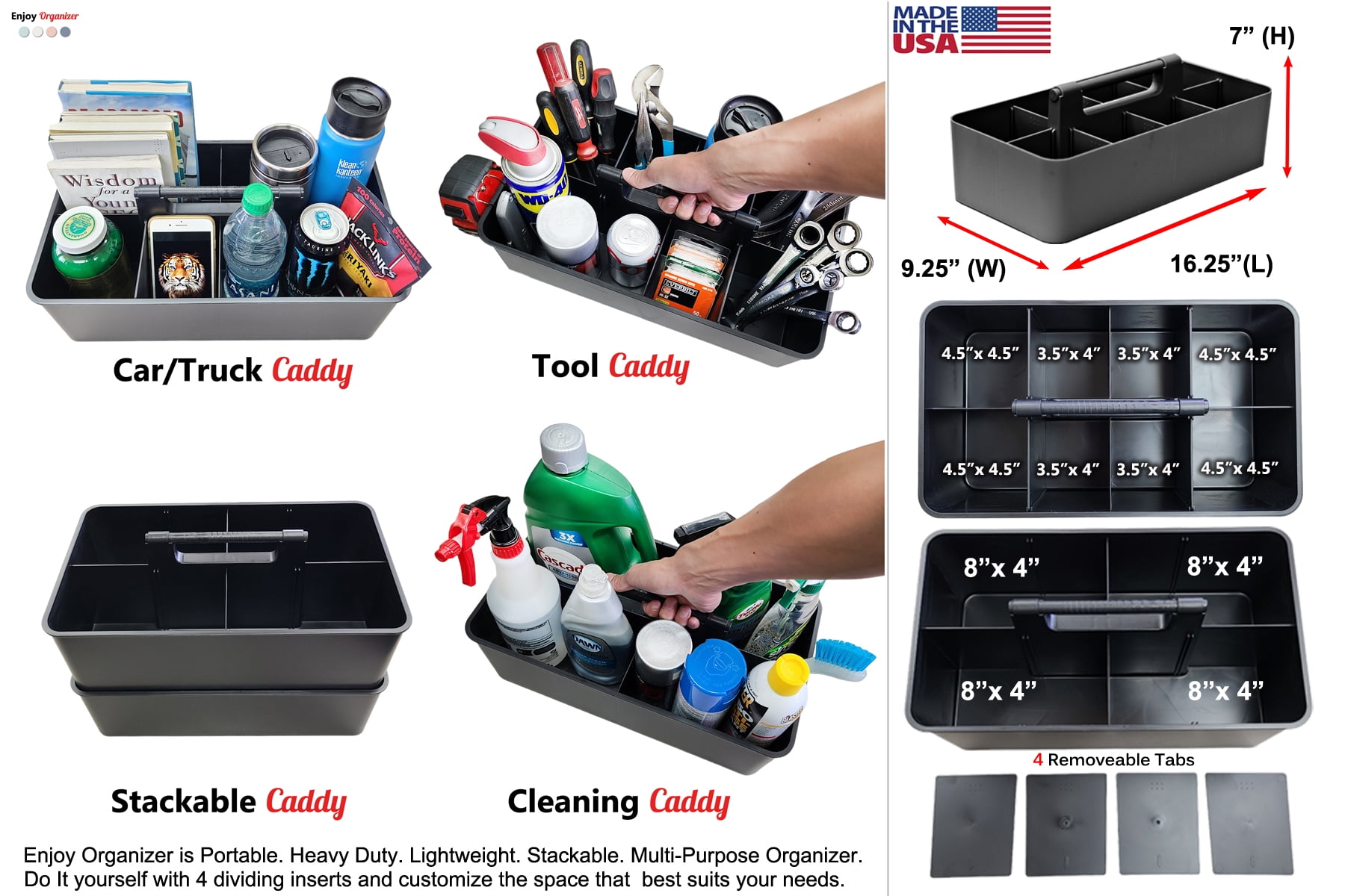Enjoy Organizer- Commercial Large Portable Caddy Stackable Carry Caddy, Black, Carrier for Cleaning Supplies, Tools, All-Purpose Carry Caddy Made In USA (Black)