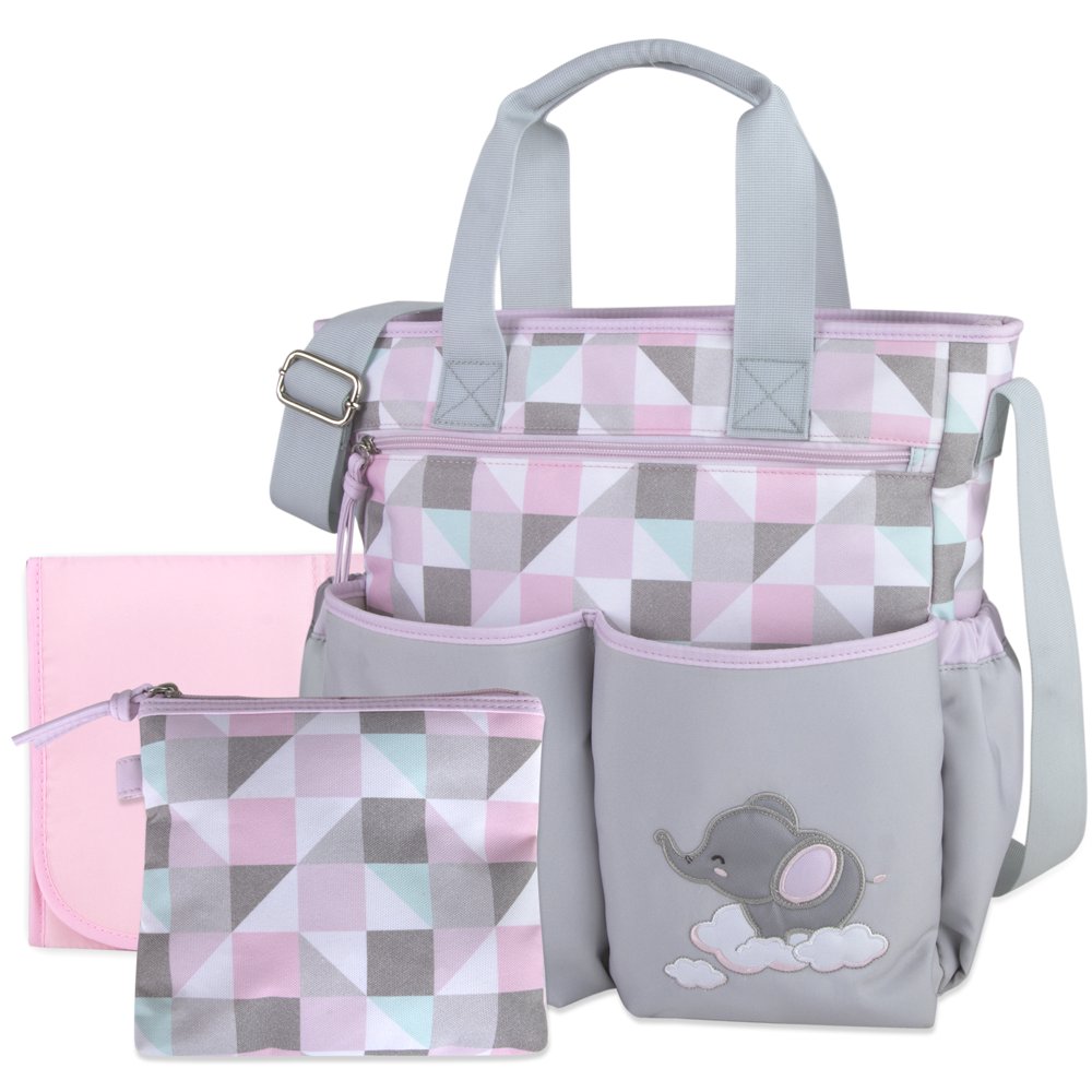 ELEPHANT 3 IN 1 DIAPER BAG TOTE GREY/PINK