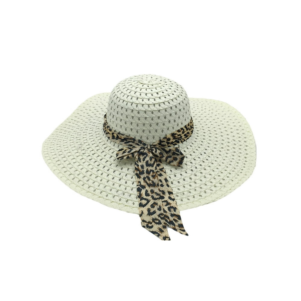 Womens Summer Beach Panama Straw Hat Wide Brim Leopard Bow Floppy Straw