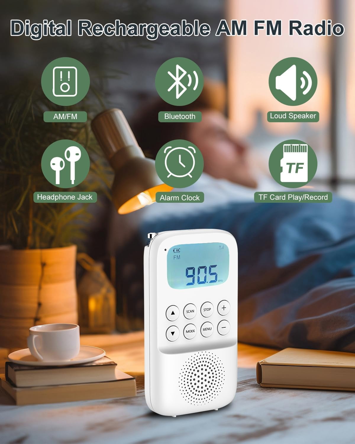 MUSICOZY Digital AM FM Walkmen Radio with Bluetooth, Portable Rechargeable Transistor Radio with Alarm Clock, Built-in Speaker and Headphone Jack, Support TF Card Playback