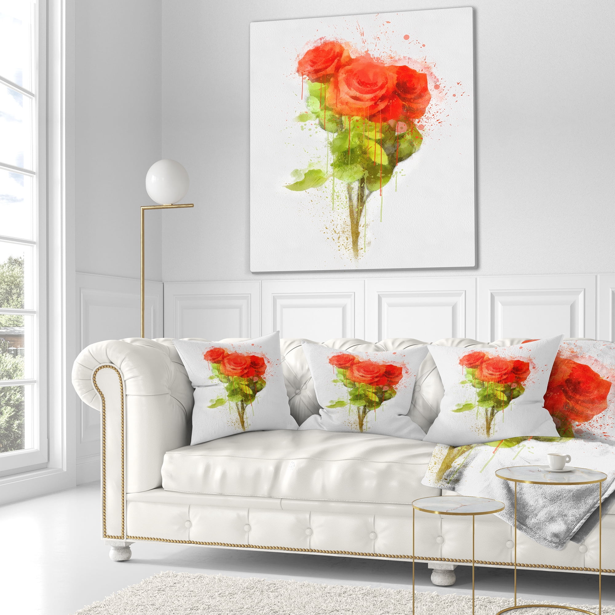 Designart Bunch of Red Roses Watercolor - Flower Throw Pillow - 18x18