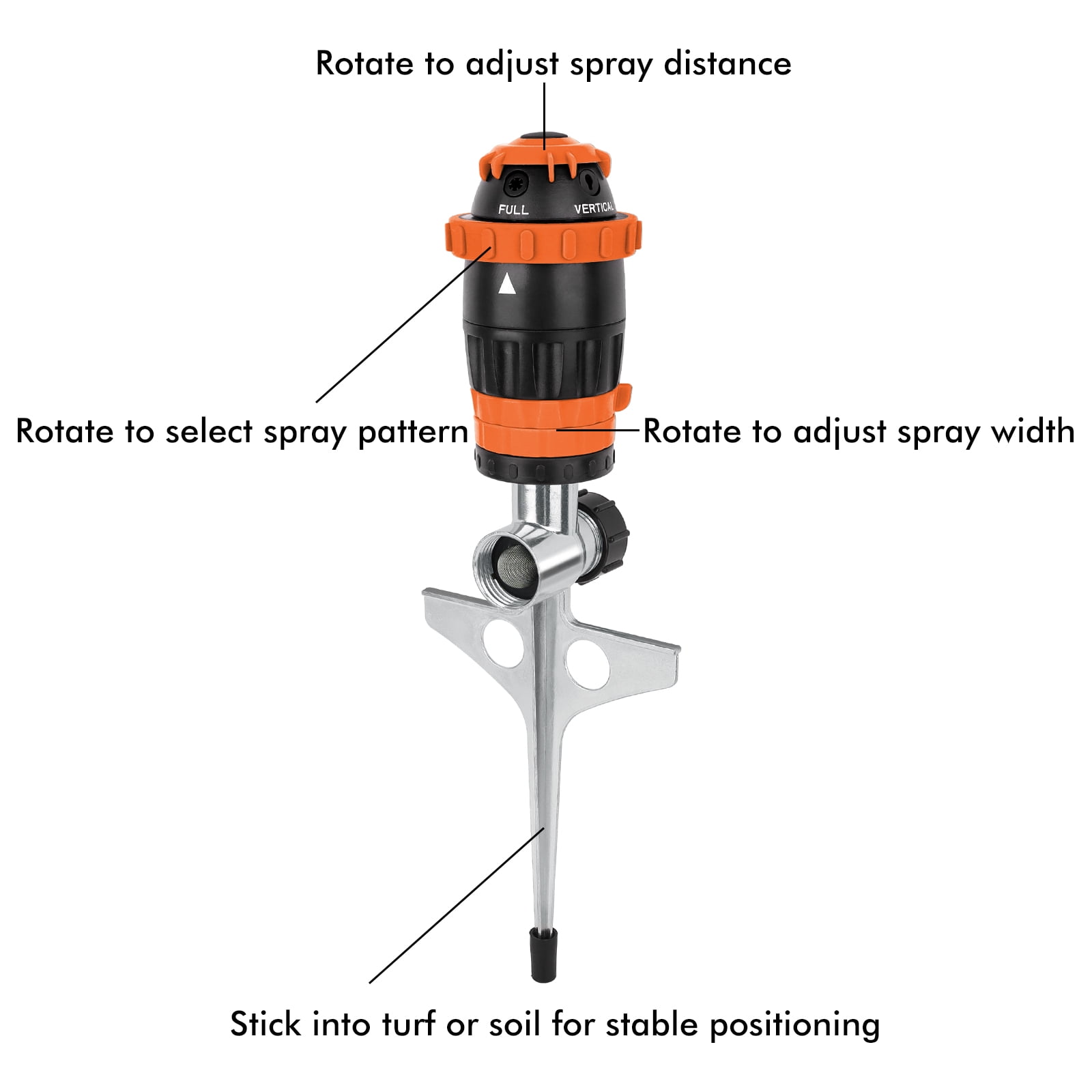 Restmo Gear Drive Sprinkler with Metal Spike Base, 5-Pattern Heavy Duty Gardening Watering System, Multi-Adjustable Lawn Sprinkle for Garden Plant, Flower Bed and Large Yard Area Watering, Orange