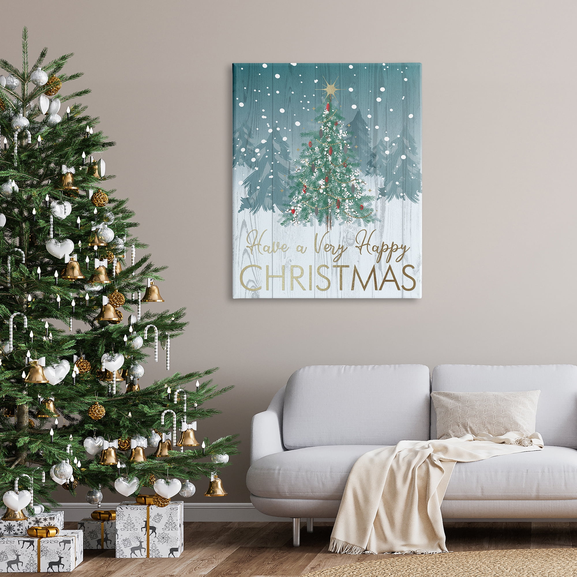 Happy Christmas Glam Detail Text Rustic Fir Tree Botanical & Floral Graphic Art Gallery-Wrapped Canvas Print Wall Art