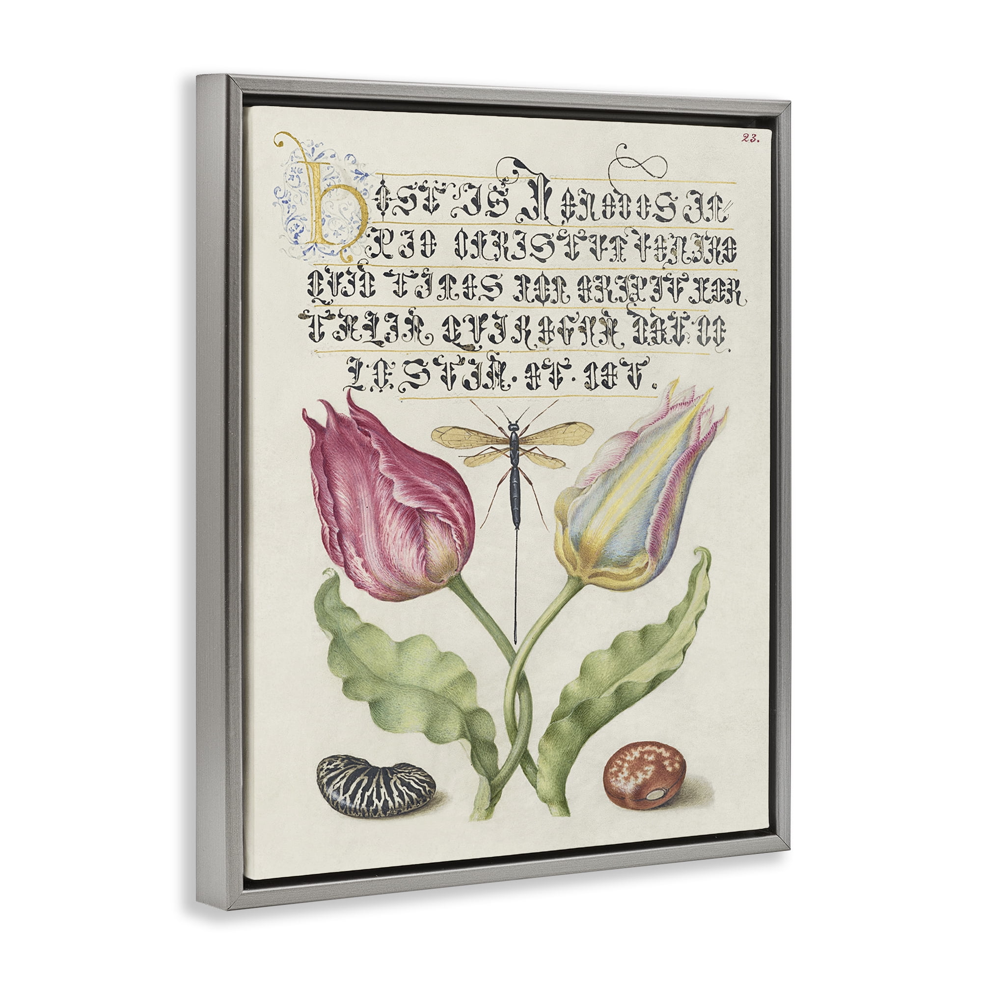 Stupell Industries Vintage Intertwined Flowers Text & Numbers Painting Gray Floater Framed Canvas Art Print Wall Art, 17 x 21