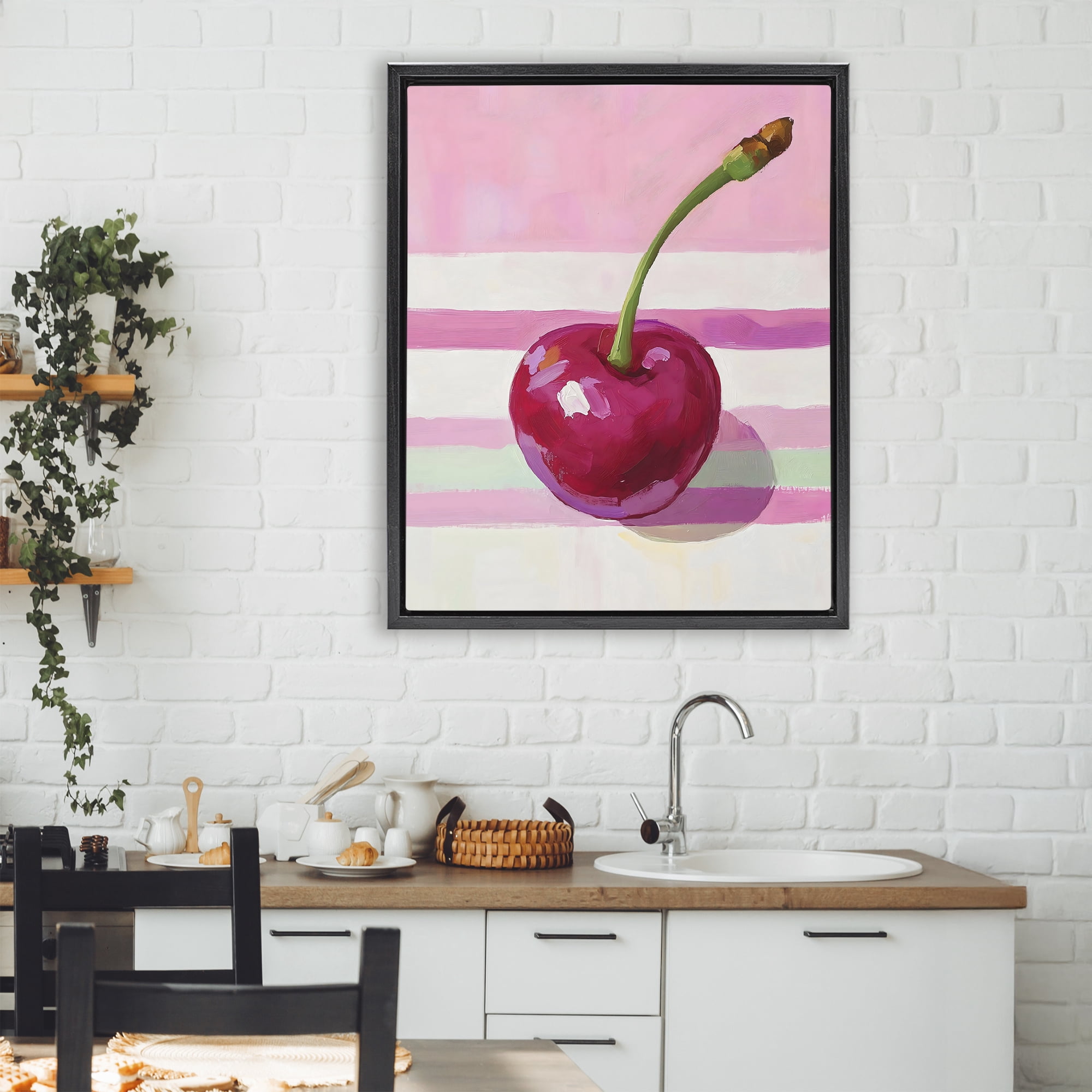 Stupell Industries Cherry on Pink Stripes Black Framed Floater Canvas Wall Art, design by The Prints Vibe