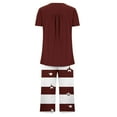 thumbnail image 4 of Cavosen Women's Pajama Sets Short Sleeve Tee 2 Piece Button Front Pleated Soft Sleepwear Round Neck Pullover Tops Striped Capri Nightwear Loungewear with Pocket Comfort Red 3XL, 4 of 5