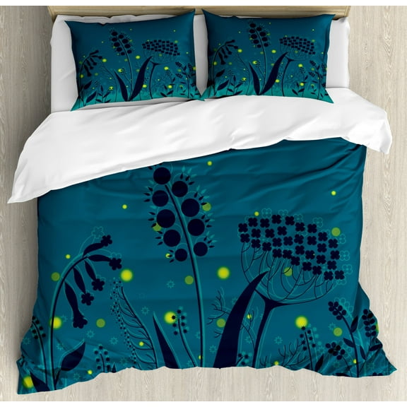 Firefly Duvet Cover Set Queen Size, Summer Night Forest Grass Ferns Branches Botanical Leaves with Bugs Print, Decorative 3 Piece Bedding Set with 2 Pillow Shams, Dark Teal Yellow, by Ambesonne
