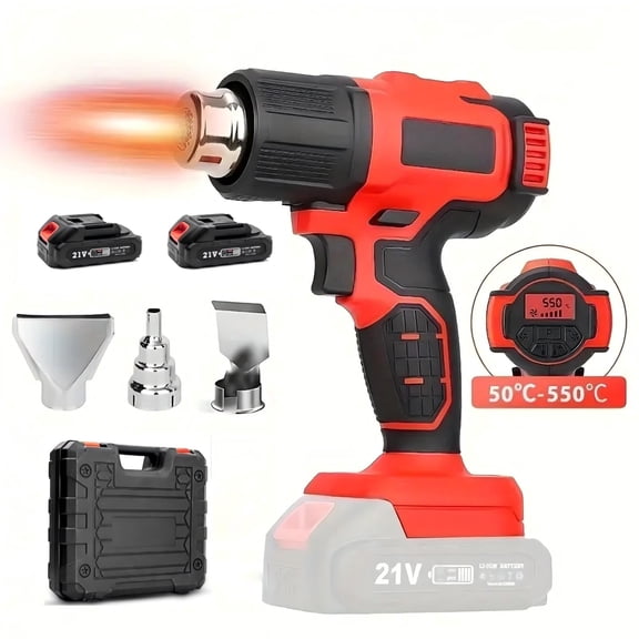 Golyzmt 21V Cordless Heat Gun Kit with Digital LCD, 122°F–1022°F Variable Temperature, 2 x 6.5Ah Batteries, Charger and 3 Nozzles for Heat Shrink and Vinyl Wrap, Red