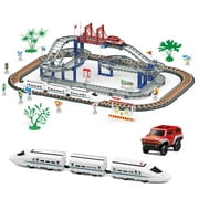 Battery Operated Freight Train and Car Set with City Tracks, Multi-Layer Design, Road Signs & Shapes – Perfect Christmas Gift for Kids Ages 5-8