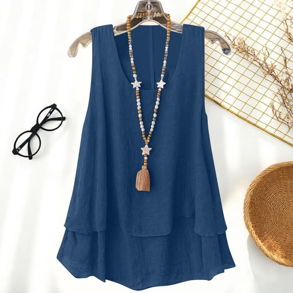 Lmueinov Summer Tank Tops for Women Loose Fit Sleeveless Double Layer Ruffle Blouse Soft Breathable Tunic for Casual and Dressy Occasions