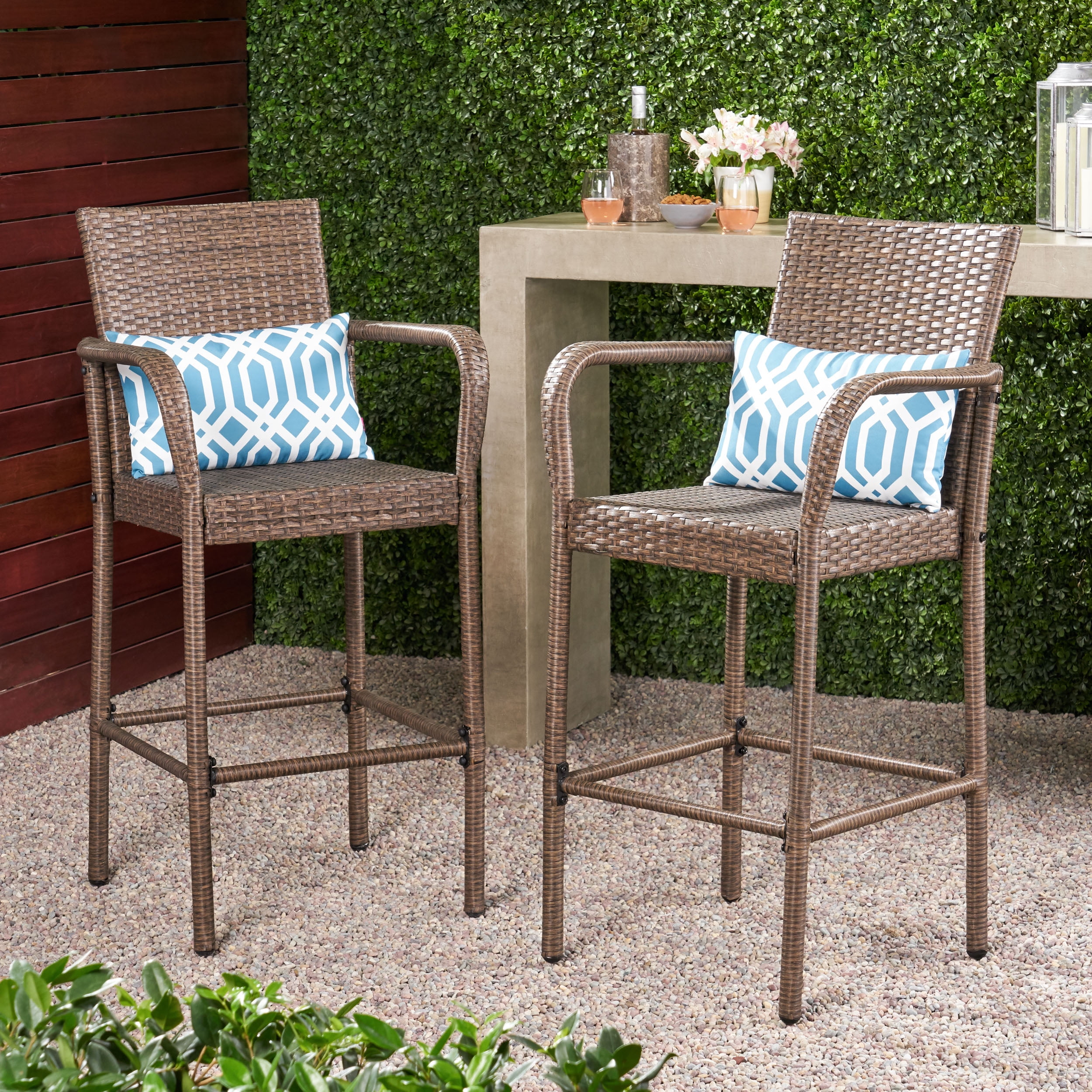 Clevertine Outdoor Wicker Barstool, Set of 2, Mix Mocha