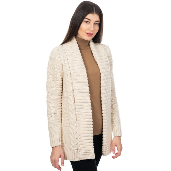 SAOL Aran Shawl Collar Open Front Irish Cardigan Sweater Women's Wool Blend Coat Cable Knitted Jacket