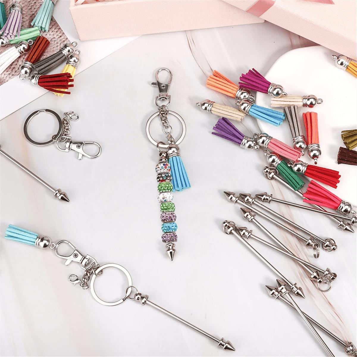 36Pcs Beadable Keychains Bars,Silver Beadable Keychain Bars Bulk Blank,Keychain Making Kit for DIY Crafts Women Men Gift