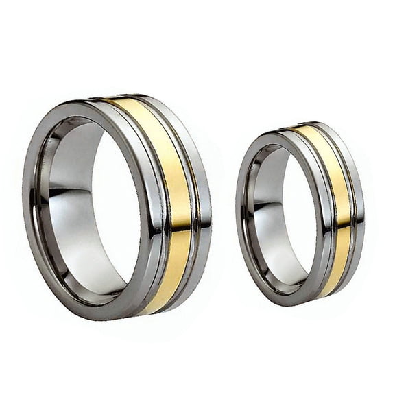 Matching Mens and Ladies Flat Shiny Two Tone Gold Grooved Cut Tungsten Carbide Wedding Band Ring Set