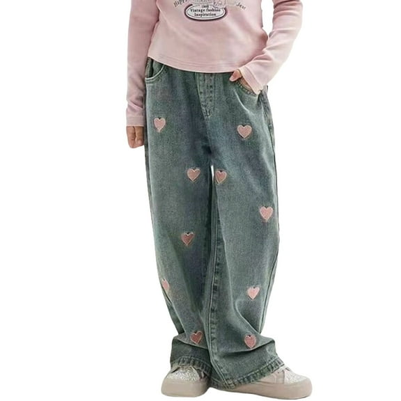 HIPYLO Colored Jeans Juniors Jeans High Waisted Jeans Cowgirl Pants Girls Wide Leg Sweatpants Baby Clothes for Girls 12-18 Months Mother Birthday, Blue 10-11 Years