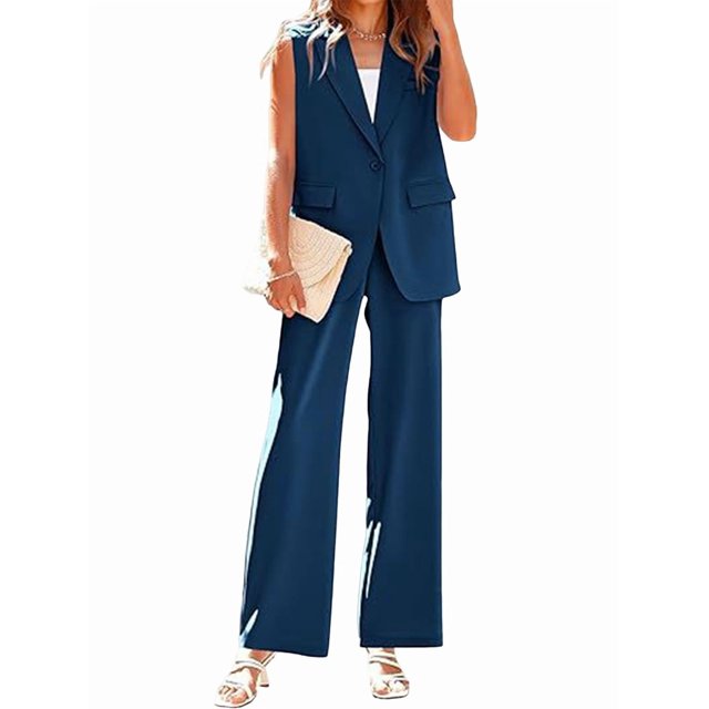 Conjuntos de 2 Piezas para Mujer: Chaleco Sin Mangas y Pantalón , Conjunto de Blazer Informal de Negocios. Azul Marino S