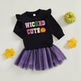 thumbnail image 5 of GYRATEDREAM Toddler Baby Girls Halloween Outfit Ruffle Long Sleeve Pumpkin Letter Embroidery Sweatshirt Top + Tulle Dress Mini Skirt 2Pcs Sets Kids Fall Clothes for 12 Months-5 Years Black Purple, 5 of 6