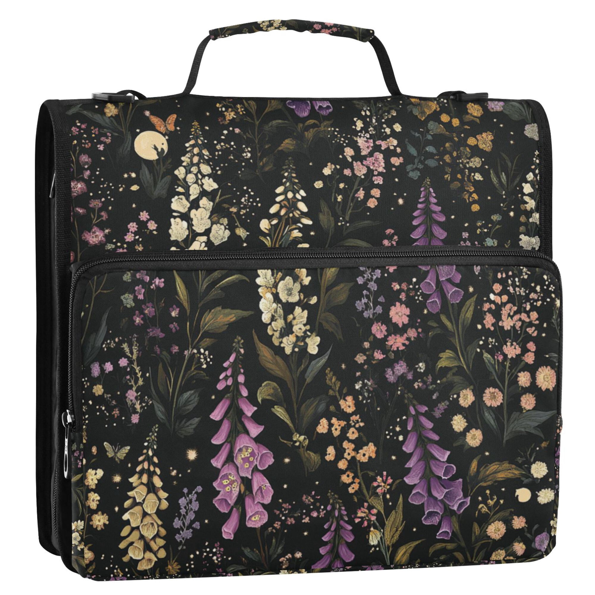 FORMRS Zipper Binder with Shoulder Strap 2-inch Ring 500 Sheet Capacity File Bag, Purple Floral Pattern