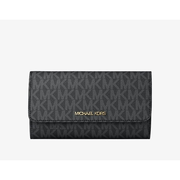 Michael Kors Jet Set Travel Large Trifold Leather Wallet Black Signature Gold