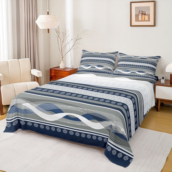 Feelyou Abstract Lines Blue Twin Sheet Sets for Men, Modern Art Striped Twin Fitted Sheet, Chic Contemporary Aesthetic Flat Sheet, Breathable Home Decor, 3 Pieces