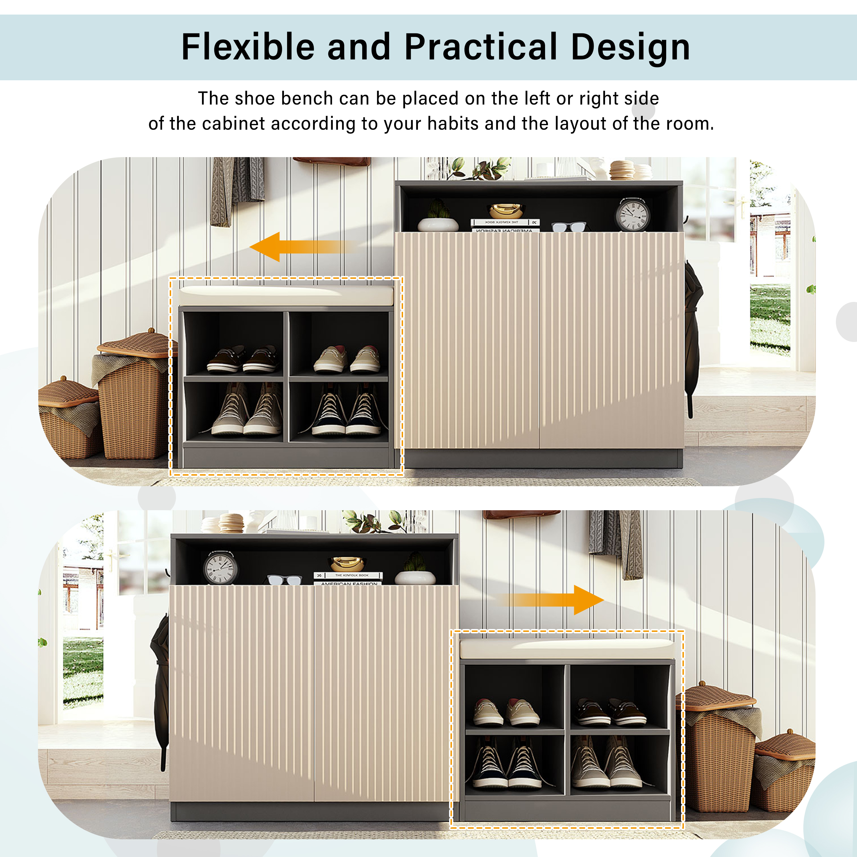 Euroco 55" Large Shoe Storage Cabinets with Shoe Bench,Modern Entryway Bench with 3-Tier Adjustable Shelves,Removeble Cushion and Hooks,Shoe Rack Shoe Organizer for Bedroom, Living Room,Grey