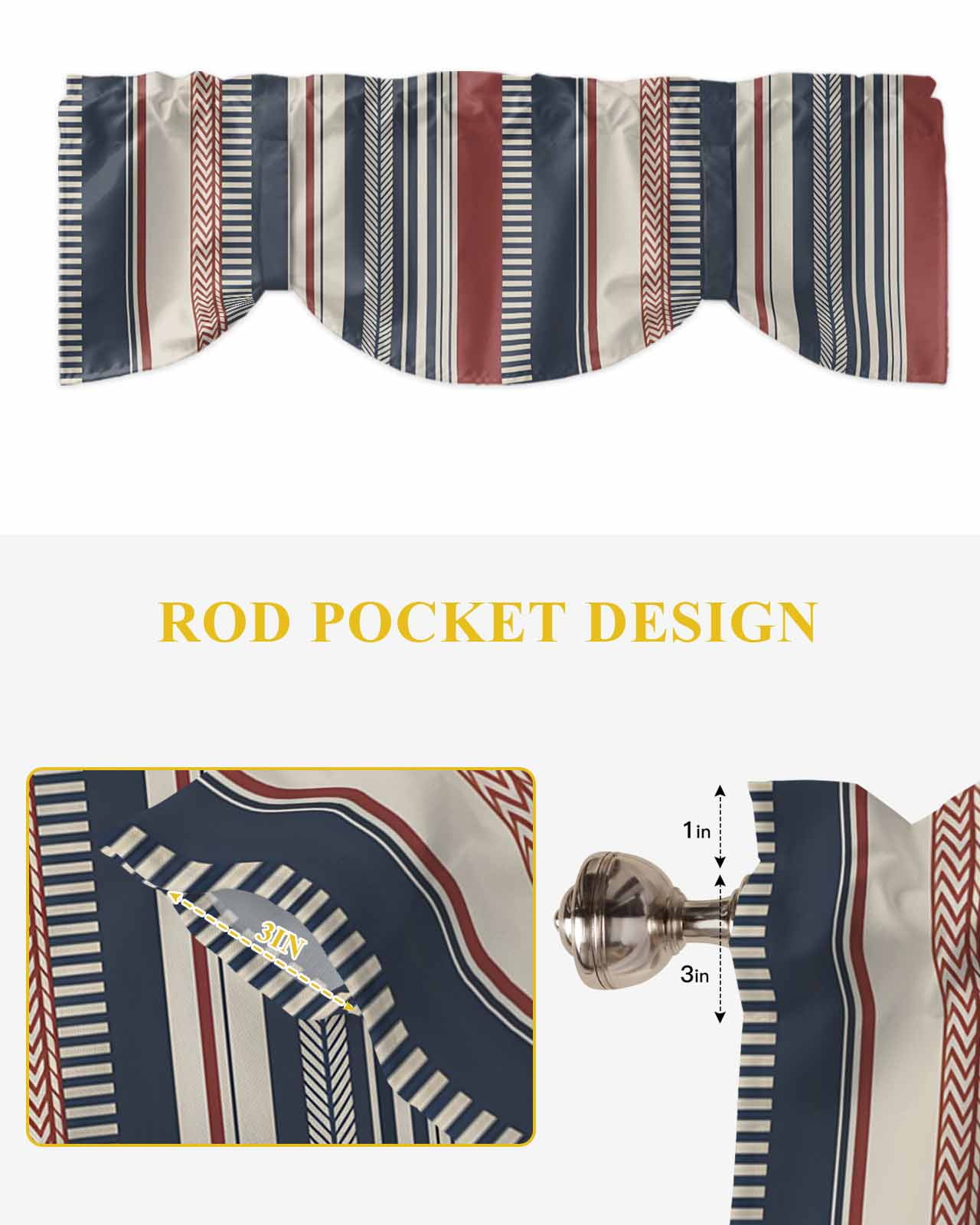 Vintage Stripes Tie Up Valances Curtain, Navy Red Beige Striped Retro Lines Kitchen Valances for Windows Decor, Rod Pocket Short Curtains Set for Bedroom/Bathroom, 60"x18"