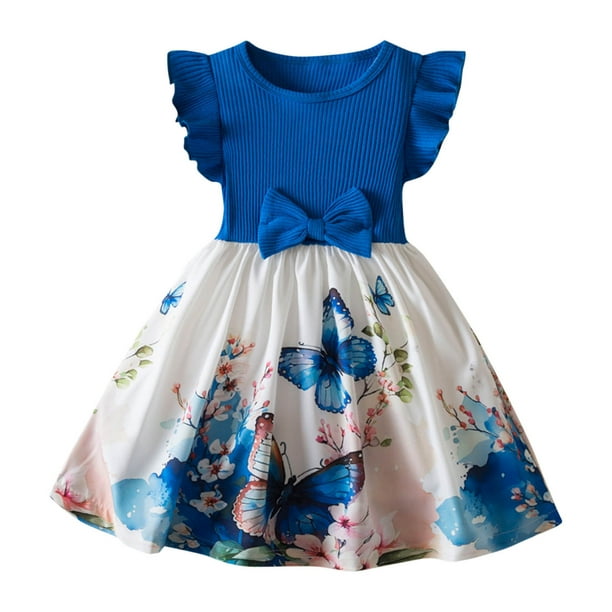 Odeerbi Niñas Rib Knit Floral Vestidos Verano Ruffle Manga Lazo Princesa Vestido Sin Mangas Cuello Redondo