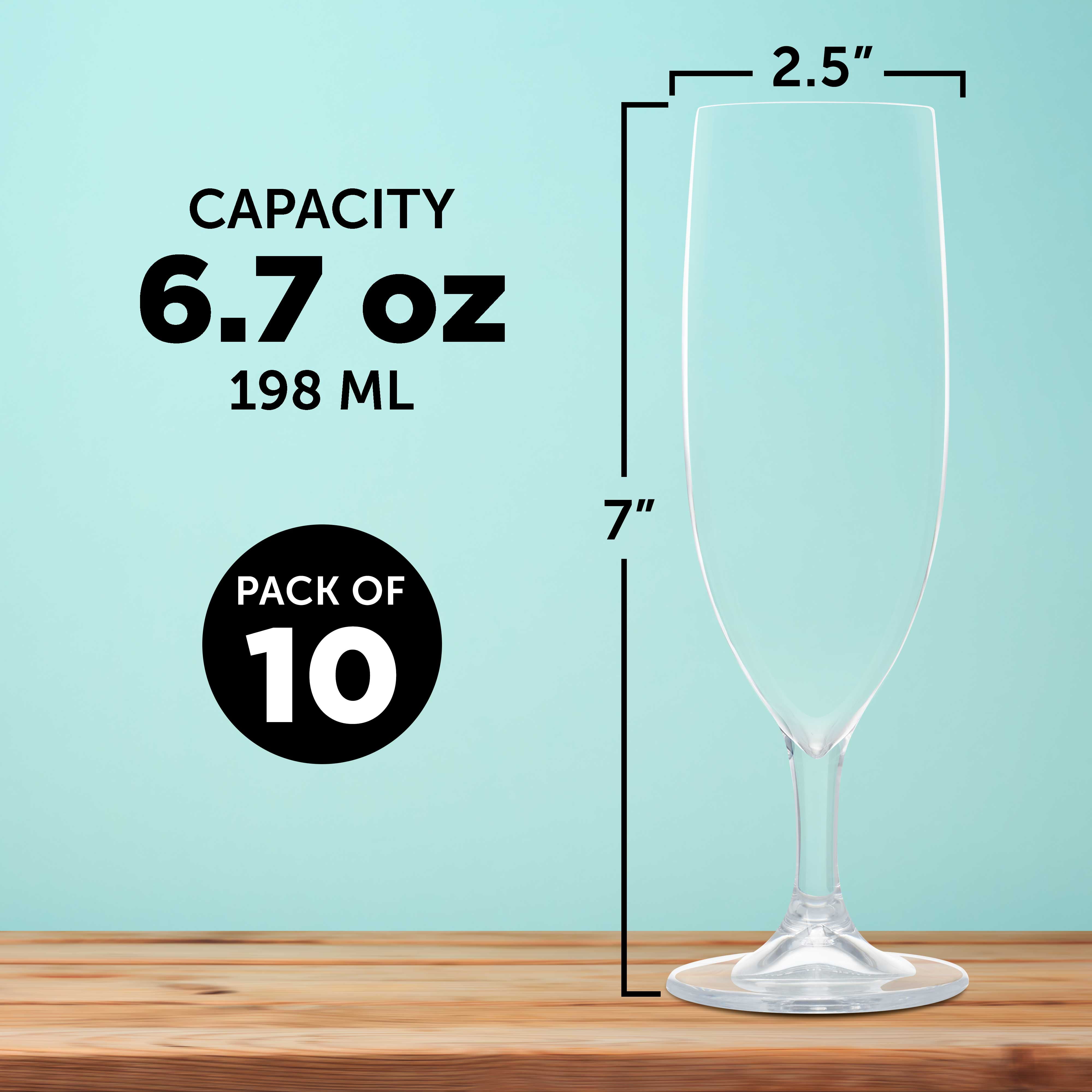 10 Plastic Champagne Flutes Set, 6.7 oz. - Plastic, Barware, Elegant - Clear