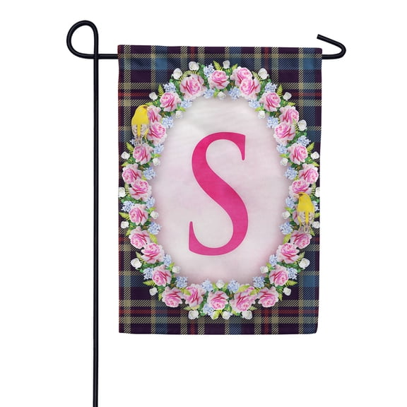 America Forever Spring Monogram Garden Flag Letter S 12.5 x 18 inches Double Sided Vertical Outdoor, Yard, Lawn, Seasonal Decorative Yellow Flowers, Pink Rose, Floral Wreath Garden Flag