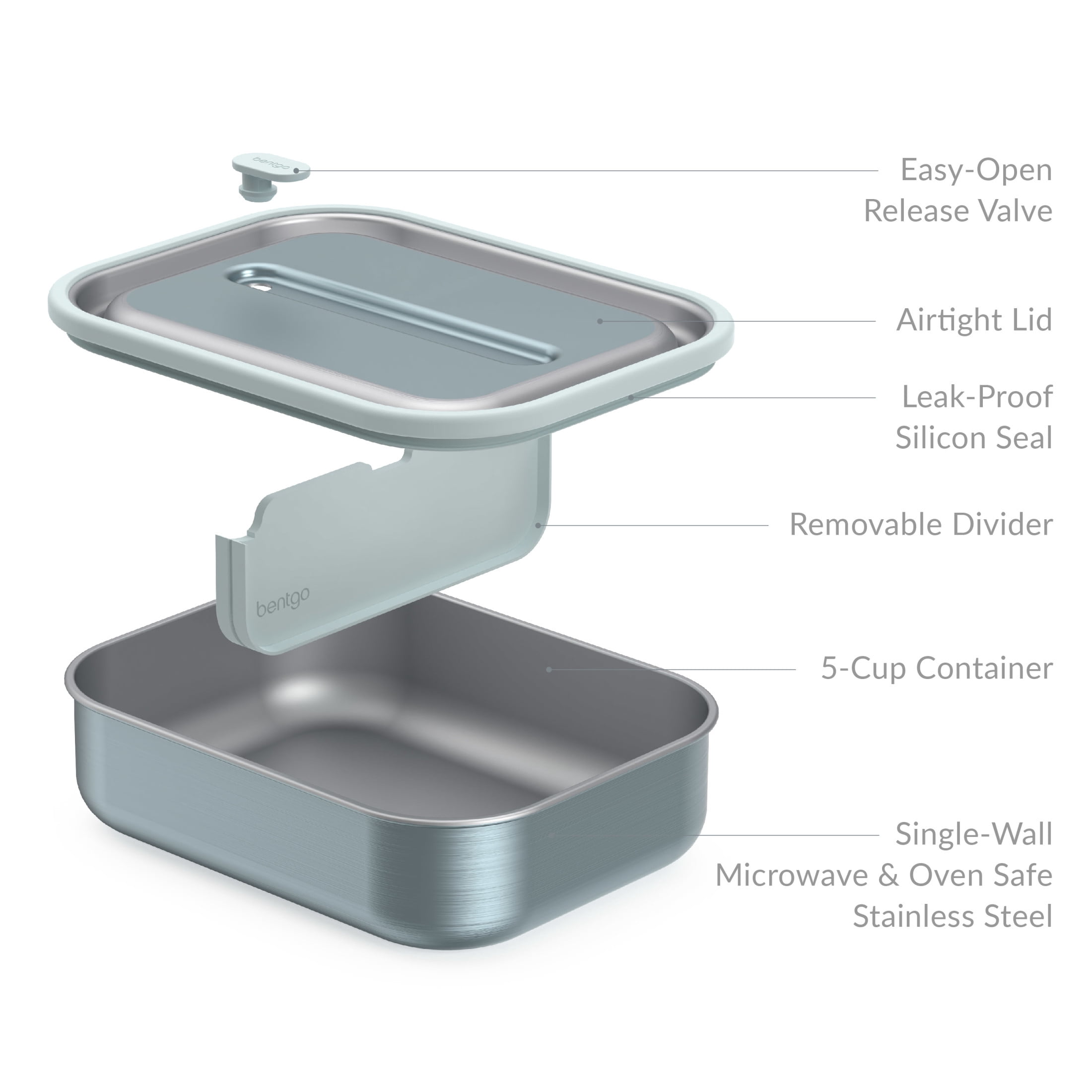 Bentgo MicroSteel Leak-Proof Lunch Box - Microwave-Safe, Oven-Safe, Bento-Style Container with Removable Divider, Airtight Lid, Sustainable Design, Odor & Stain Resistant (Aqua)