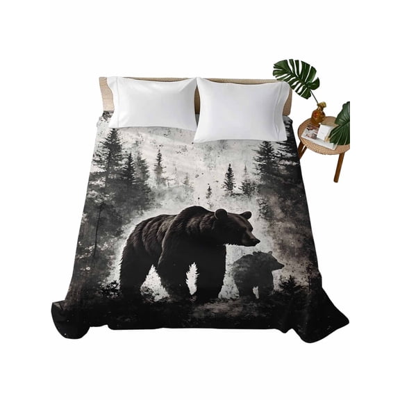 Twin Flat Sheet 66"x96", Rustic Black Bear Soft Lightweight Bedding Flat Sheets Only, Country Cabin Forest Wildlife Brushed Microfiber Top Bed Sheet, Breathable StainResistant Bedsheets