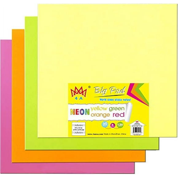 4A Grand Tapis Collant 11 x 11 Po Grande Taille Néon Jaune Orange Rouge et Vert Notes Autocollantes 30 Feuilles/tapis 4 Tapis/paquet 4A BP 1111-Nx4