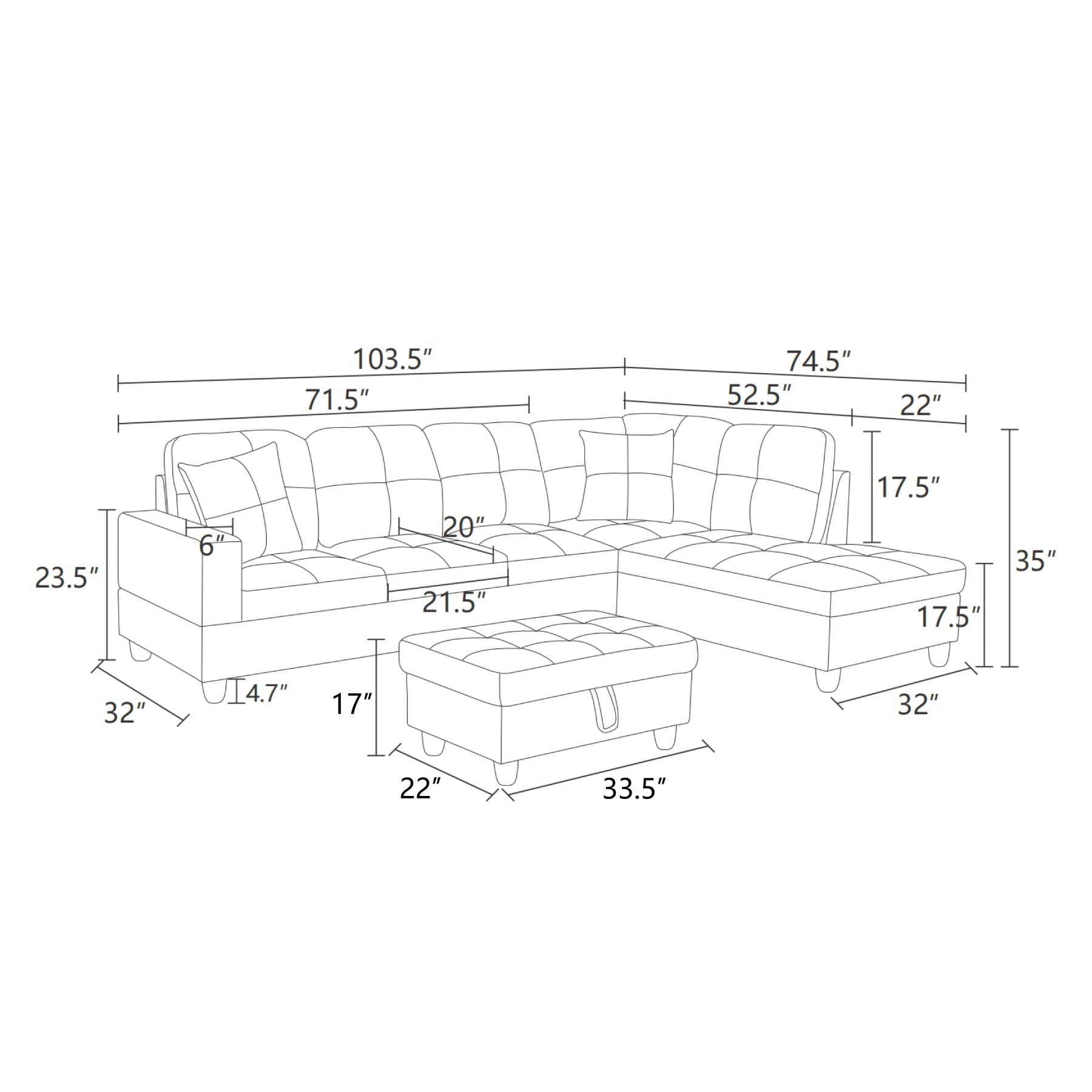 Hommoo Flannel & PVC L-Shaped Sectional Couch and Sofa Set, Modern Living Room Furniture Set, Right Side, Dark Brown