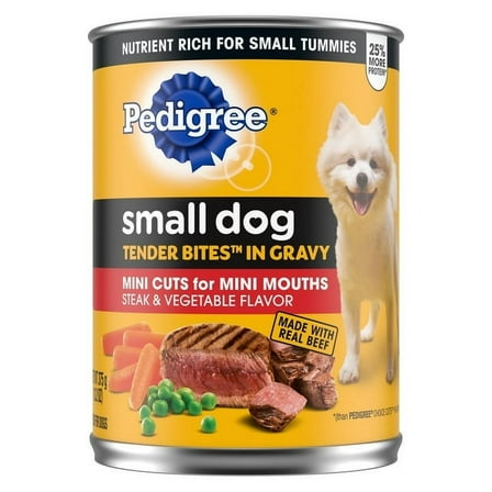 (3 pack) Pedigree Small Dog Tender Bites In Gravy Wet Dog Food, Steak & Vegetable Flavor, (12) 13.2 oz Cans