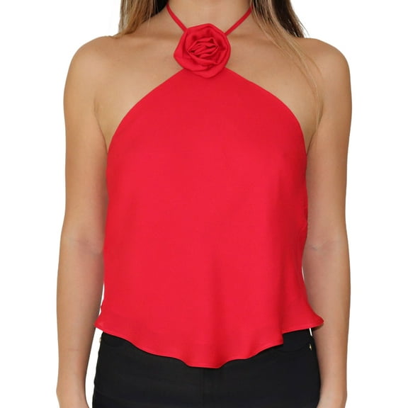 Y2k Polka Dot Tank Top for Women Halter Sleeveless Halter Crop Top Backless Camisole with Rose Decoration Red S