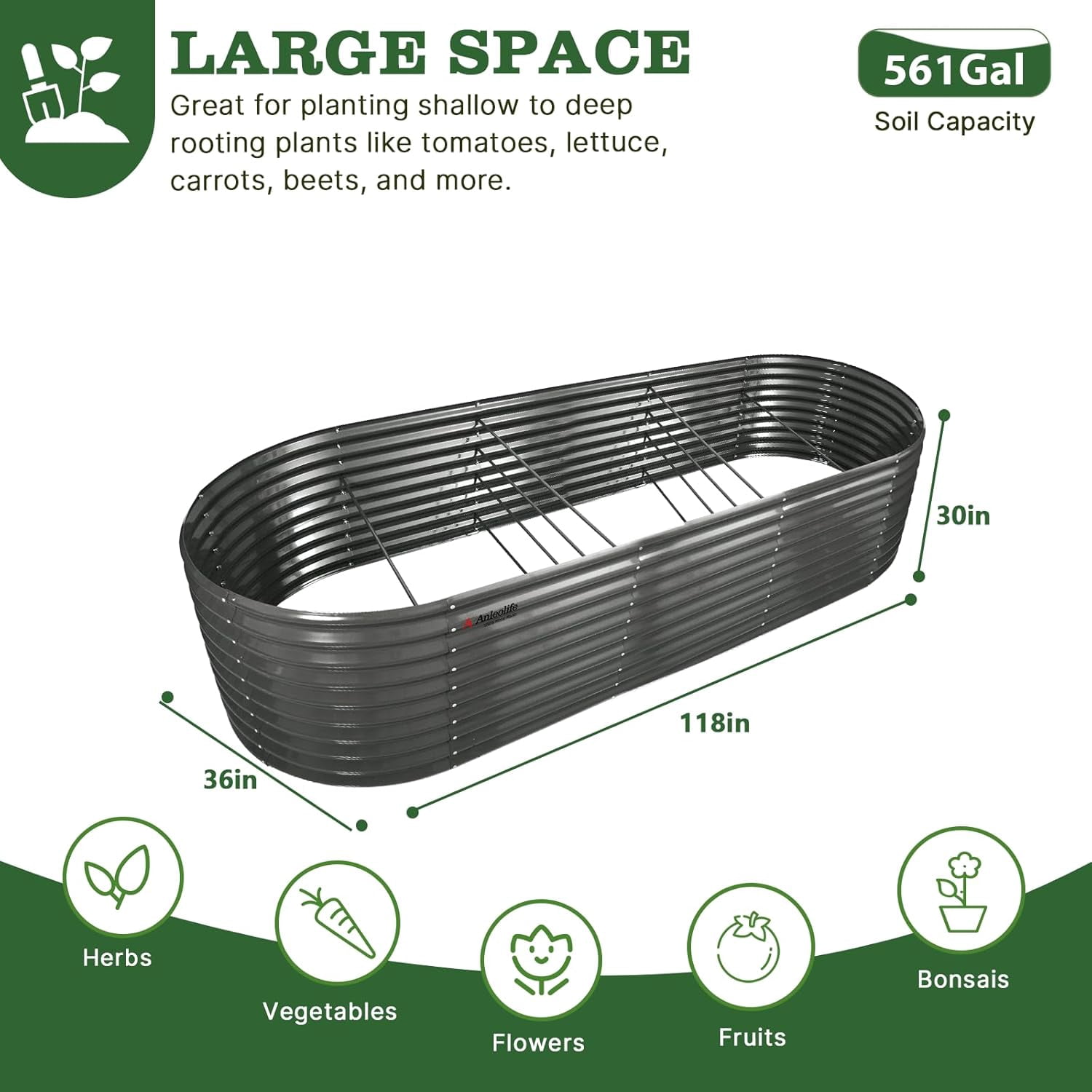 A ANLEOLIFE 30" Extra Tall Galvanized Raised Garden Beds Outdoor, 10x3x2.5ft Large Oval Metal Planter Boxes for Planting Vegetables, Flowers, Fruits, Eco-Safe & Easy Setup, Quartz Grey