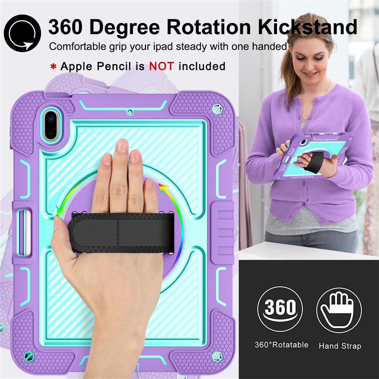 Tarise Case for Apple iPad 10th Generation 10.9" (2022), 360° Rotating Kickstand with Pencil Holder/Hand Strap/Shoulder Strap Hard PC Rugged Silicone Shockproof Bumper Stand Cover,Purple + Mint Green