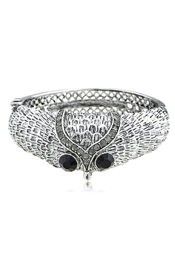 Antique Silverytone Owl Bird Face Rhinestone Boho Mystical Bracelet Bangle Cuff