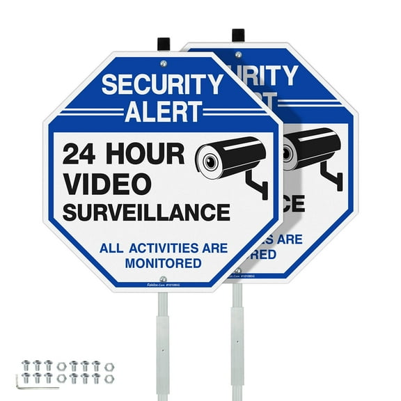 Faittoo Security Sign Video Surveillance Sign with 42" Stake, 2-Pack 10"x10" Rust Free Heavy Reflective Aluminum
