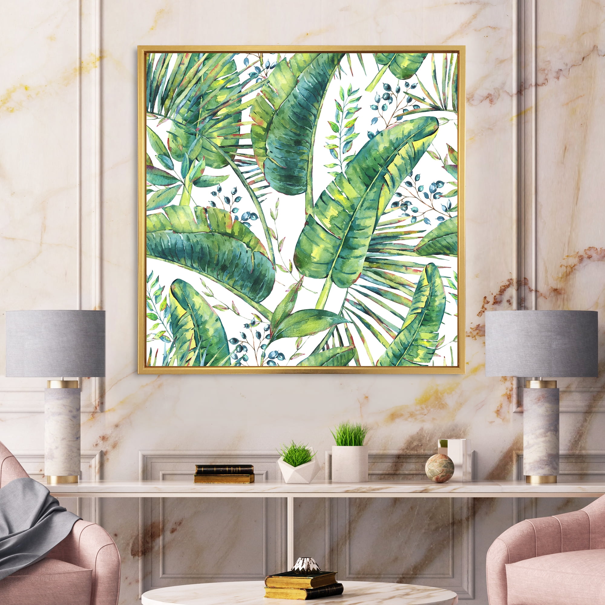 Designart 'Ancient Pattern Of Banana Leaves' Lake House Framed Canvas Wall Art Print