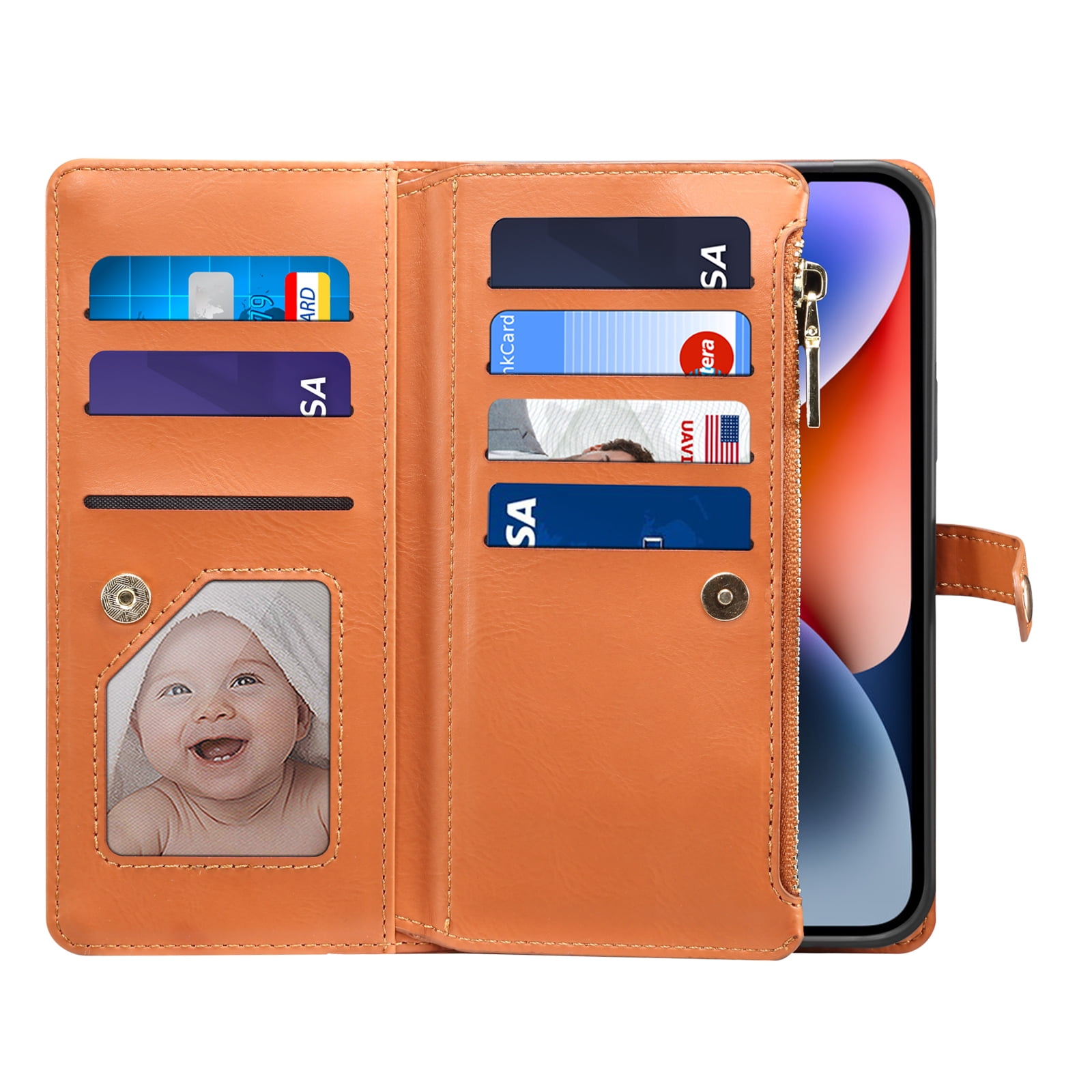Dteck Wallet Case for iPhone 13 6.1 Inch, Leaf Pattern Luxury PU Leather RFID Blocking Card Slots Holder Zipper Pocket Flip Case with Kickstand Magnetic Crossbody Strap Phone Cover,Brown