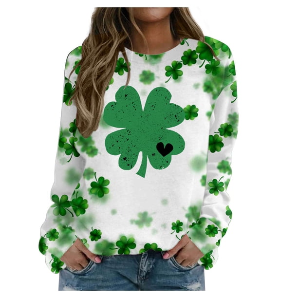 Xuyuer St. Patrick's Day Sweatshirts for Women Shamrock Shirt Clover Printed Irish Gift Casual Loose Long Sleeve Fit Tops