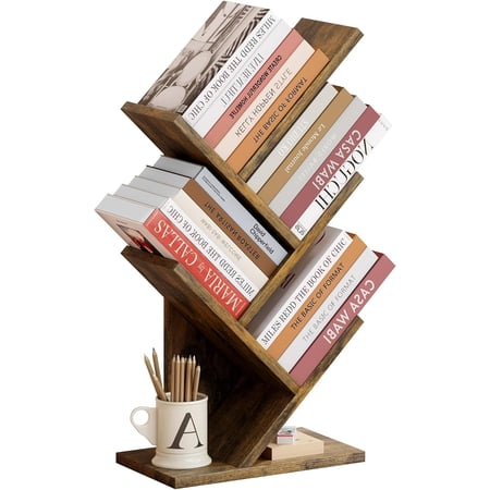 4 Tier Tree Bookshelf 4 Shelf Bookcase Modern Book Storage Free Standing Tree Bookcase Utility Organizer Shelves for Home Office Living Room Bedroom Rustic Brown