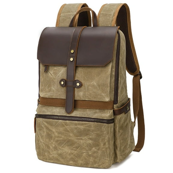 Waterproof Batik Canvas Backpack Crazy Horse Leather Men's Bag,Army Green