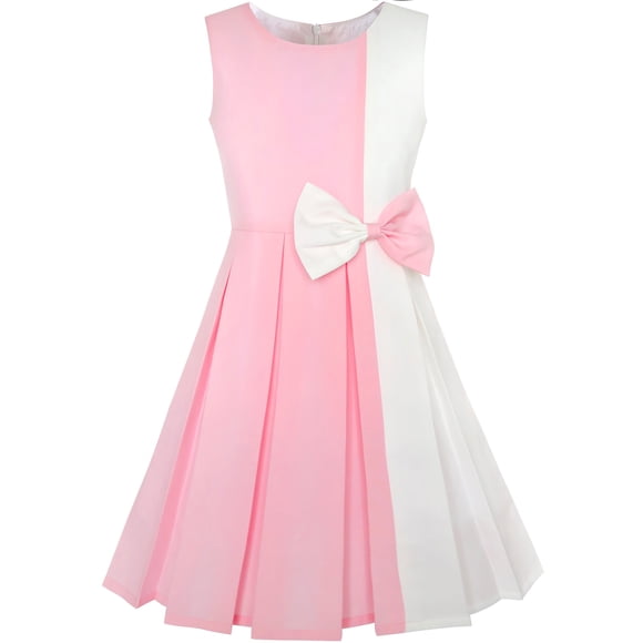 Vestido de Niña con Bloques de Color, Lazo en Contraste, Rosa y Blanco, Fiesta 8