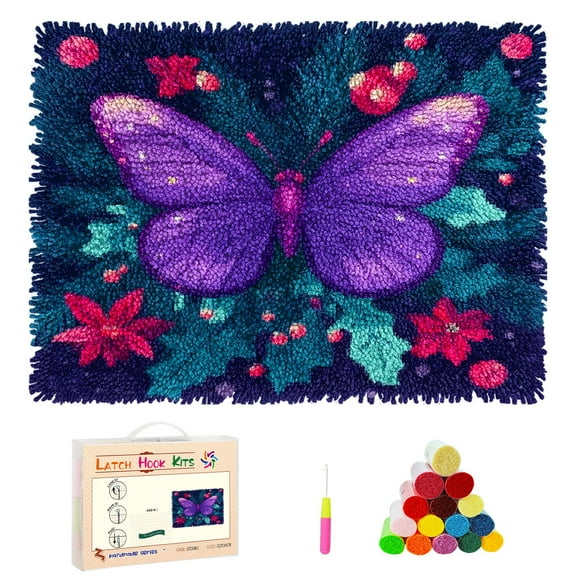 DIY Latch Hook Rug Kits Cartoon Butterfly and Flower Christmas Background Stamped Non-slip Mat Crocheting Yarn Hook and Latch Emboridery Tapestry for Home Floor Decor and Pet Warm Cushion 52x38cm(20)