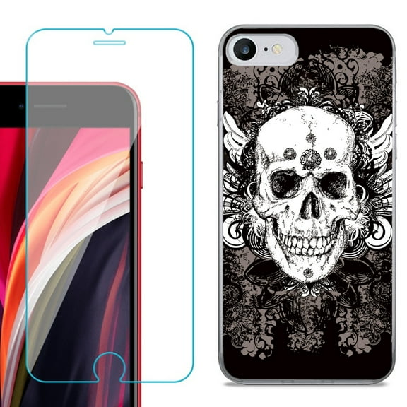 Slim-Fit Fashion Gel Phone Case for iPhone SE 2022, with Tempered Glass Screen Protector, by OneToughShield ® - Grunge Skull