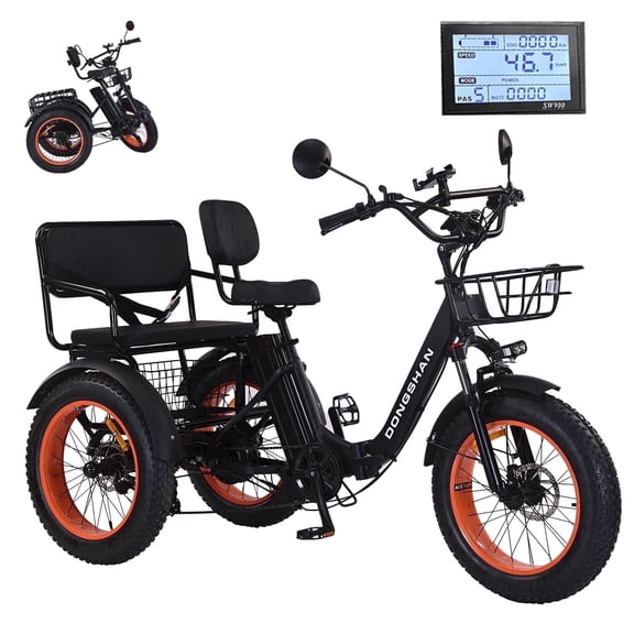 MENGFANMIN Electric Tricycle for Adults,Folding 20”x4.0”Fat Tire Electric Trike,Peak 1350W 3 Wheel Ebike with Rear Seat and Basket,48V15Ah Battery