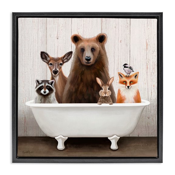 Woodland Creatures Antique Bathtub Black Floating Frame Canvas Art, 18 x 18